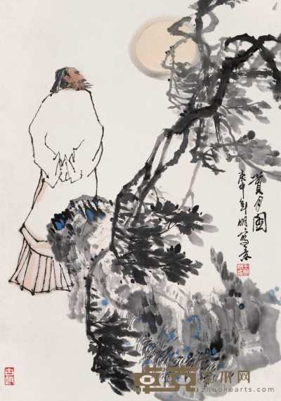 王明明 1980年作 赏月图 立轴 69×48cm